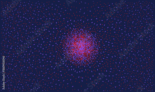 Abstract vector background with radial red and purple dots dispersion on dark blue. Futuristic technology particle explosion concept for big data and science design.