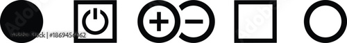 Set of minimalist black icons featuring power button plus and minus symbols and geometric shapes for interface control.