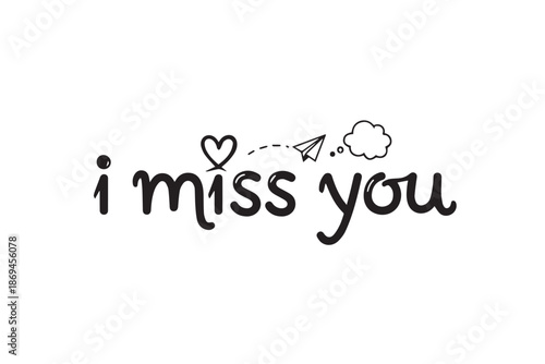 I miss you text with heart and paper airplane, vector illustration on transparent background