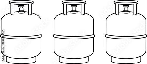 Set of three black and white outline vector illustrations of gas cylinders for domestic kitchen and industrial energy.