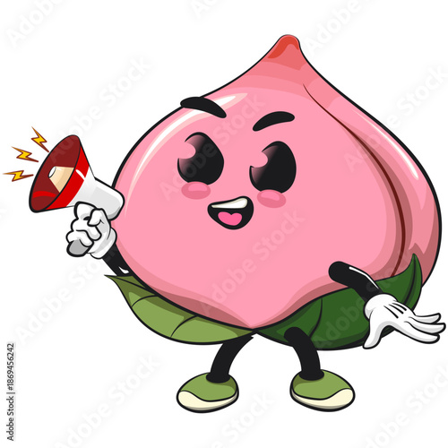 kawaii peach fruit cartoon character mascot illustration shouting with a loudspeaker, work of hand drawn