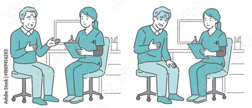 問診と体調不良の高齢男性セット（女性医師・スクラブ）