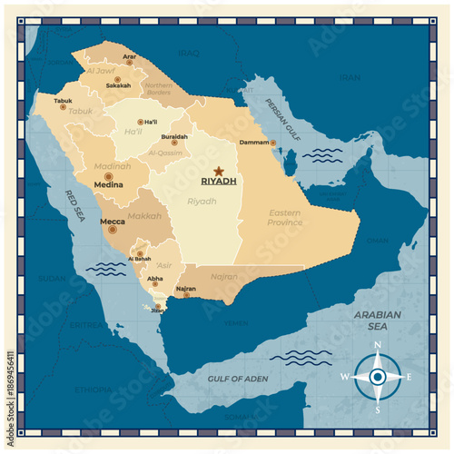 Saudi Arabia map with regions and borders for geography and travel, vector illustration