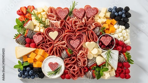 Delicious heart shaped charcuterie board with assorted meats cheeses fruits and chocolates for romantic occasion or valentine's day celebration - Ai Generated