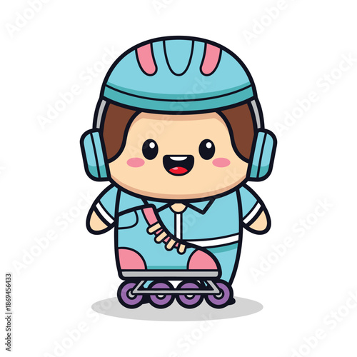 Cartoon Girl on Roller Skates with Helmet