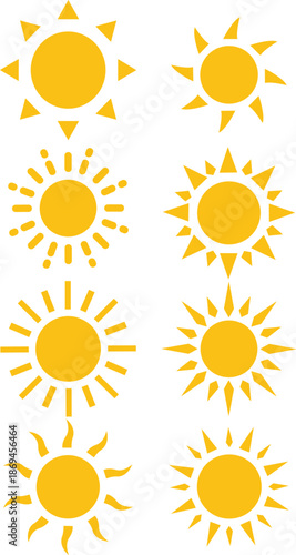 Yellow sun icons. Sunset icon collection. Yellow sun star icons. Yellow simple sun, hot summer weather symbol.