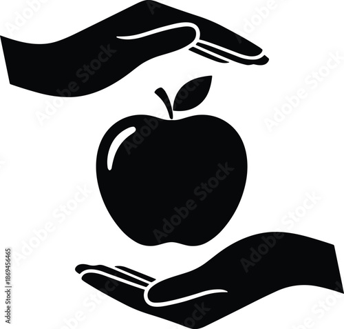 Black silhouette of an apple protected by two human hands symbolising healthy food insurance and organic fruit care.