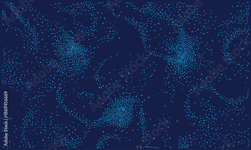 Abstract vector background with dynamic digital particles and swirling data flow elements in vibrant blue and green tones. This futuristic design is ideal for technology, science, and network