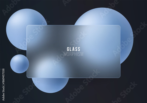 Dark abstract background with translucent glass banner and blue floating spheres
