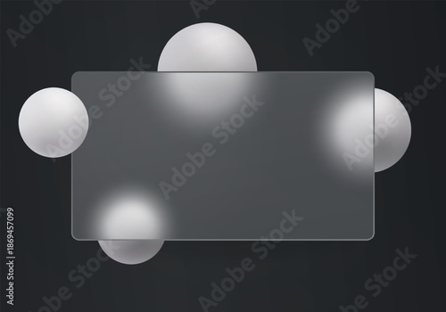 Dark abstract background with a translucent glass banner and white floating spheres, minimalist geometric