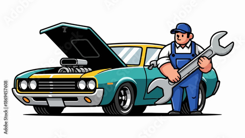 Mechanic holding wrench by a vintage car with hood open, showcasing engine