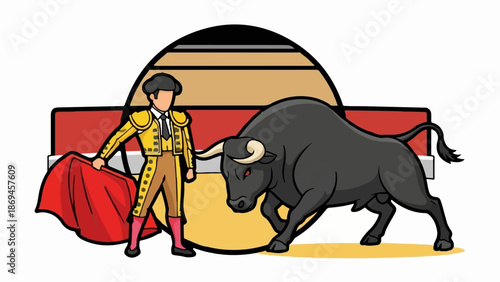 Matador in ornate attire faces a charging bull in a stylized arena with a curved backdrop