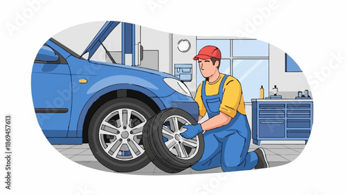 Mechanic kneeling, holding spare wheel next to blue car in garage