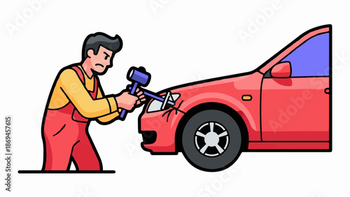 Mechanic repairs car damage using a hammer tool
