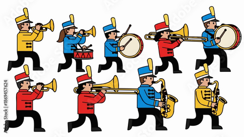 Marching band members in colorful uniforms play instruments