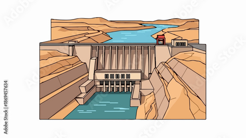 Massive dam infrastructure holding back a vast blue reservoir amidst arid, layered hills