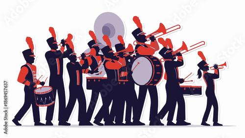 Marching band in uniform, playing instruments, drum and brass fanfare