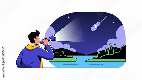 Man with flashlight observes a meteor shower over a serene landscape