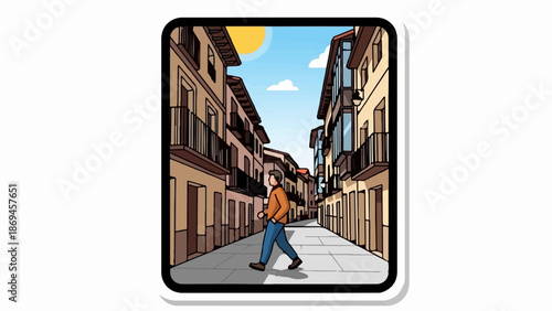 Man walks down sunlit street lined with historic European buildings