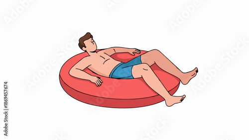 Man relaxing on a red float in blue shorts, resting