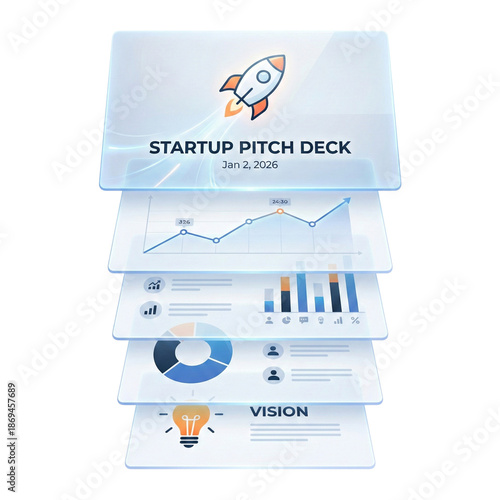 Startup pitch deck presentation with rocket launch icon