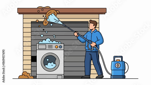 Man power washing building facade next to washing machine and equipment