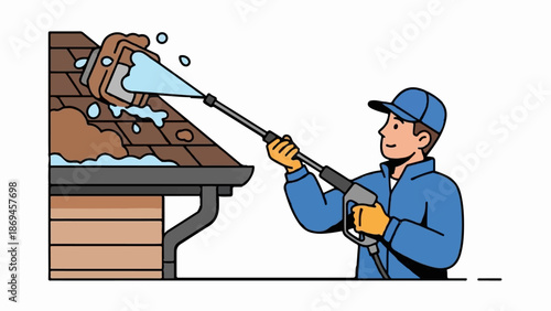 Man pressure washing dirty roof and gutters