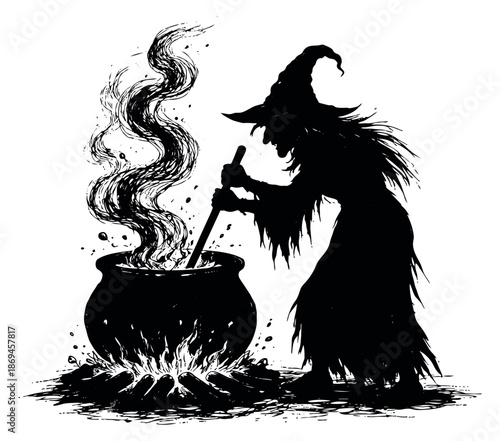 Hand drawn illustration of a witch depicting brewing a potion for Halloween