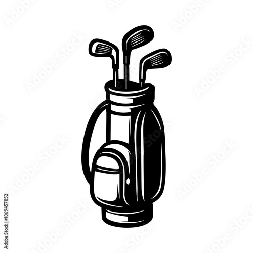 Golf Bag with Clubs Black and White Illustration for Sports Equipment, Golf Training, Tournament Branding and Athletic Design