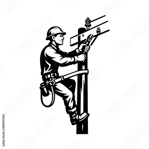 Electric Lineman Working on Utility Pole Black and White Illustration for Power Service, Electrical Repair and Industrial Safety Design