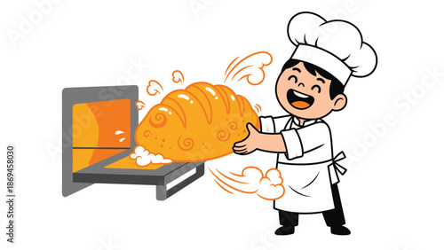 Happy Chef Baking Fresh Bread in Oven Cartoon Illustration