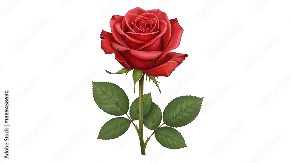 Fototapeta premium Beautiful red rose with green leaves on white background