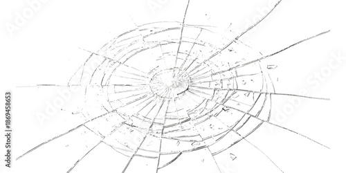 Shattered glass effect with radial cracks and concentric circular lines on a white background