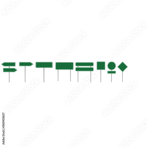 Set of Road green traffic sign board. Group Blank board with place for text. Danger blank warning empty signs. Collection Traffic sign board mockup. Transportation guidance board. advertising Bord