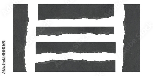 A collection of black torn paper elements set against a pristine white background for design projects
