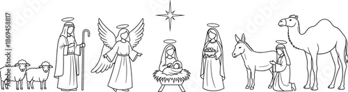 Line of nativity scene with angel shepherds animals and star line angel sheep camel