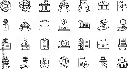 Set of black and white representing various business and financial concepts finance