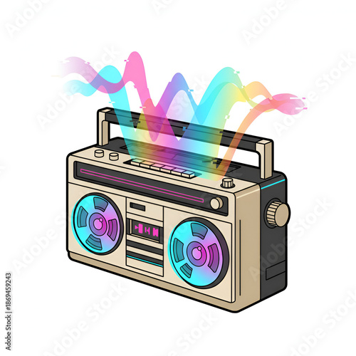 Retro Boombox with Colorful Sound Waves and Iridescent Speakers