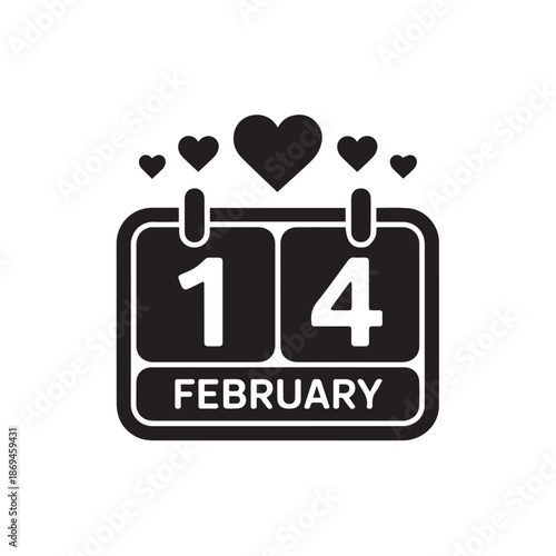 Valentine's Day calendar icon with hearts on February 14th Flat Design