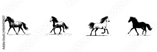 Galloping Horses Doodle Sketch Set. Dynamic Movement And Freedom In Hand Drawn Style Collection. Equestrian Art And Nature Illustration. Isolated Vector Illustration