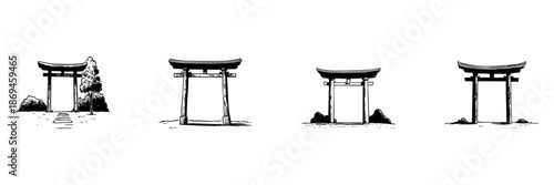 Torii Gate Doodle Sketch Set. Traditional Japanese Shinto Shrine Entrance In Hand Drawn Style Collection. Cultural Heritage And Spiritual Symbolism. Isolated Vector Illustration