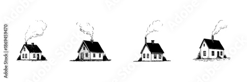 Charming Country Houses With Smoking Chimneys Doodle Sketch Set. Rustic Homestead And Cozy Living In Hand Drawn Style Collection. Vintage Countryside Architecture. Isolated Vector Illustration