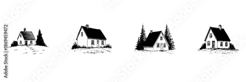 Charming Countryside Cottage Doodle Sketch Set. Rustic Rural Homes And Nature Elements In Hand Drawn Style Collection. Cozy And Idyllic Living. Hand Drawn Isolated Vector Illustration