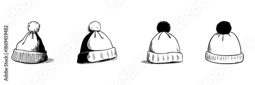 Winter Beanie Hat Doodle Sketch Set. Cozy Knit Headwear With Pom-Pom In Hand Drawn Style Collection. Warm Fashion Accessories For Cold Weather. Hand Drawn Isolated Vector Illustration