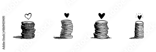Stacks Of Coins With Hearts Doodle Sketch Set. Financial Growth And Emotional Investment In Hand Drawn Style Collection. Love And Wealth Connection. Hand Drawn Isolated Vector Illustration