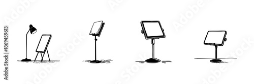 Adjustable Tablet Stand Doodle Sketch Set. Device Holders For Reading, Presentations, Workstations In Hand Drawn Style Collection. Portable And Ergonomic Design. Isolated Vector Illustration