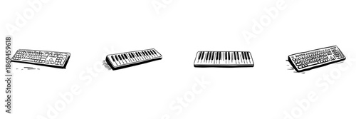 Computer And Musical Keyboards Doodle Sketch Set. Technology And Music Interface In Hand Drawn Style Collection. Creative Digital And Musical Expression. Isolated Vector Illustration