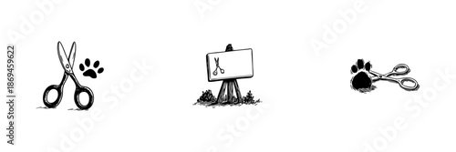 Pet Grooming Scissors And Paw Print Doodle Sketch Set. Animal Care And Grooming Services In Hand Drawn Style Collection. Pet Salon And Veterinary. Isolated Vector Illustration