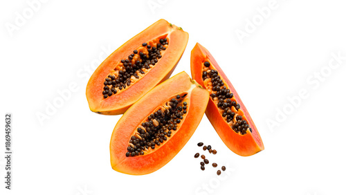 Fresh papaya cut into slices showing seeds and orange flesh isolated on transparent background cut out
