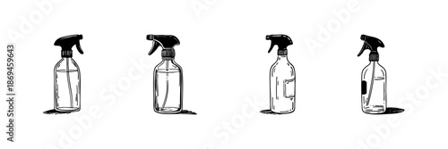 Spray Bottle Doodle Sketch Set. Cleaning, Disinfection, And Household Maintenance Tools In Hand Drawn Style Collection. Versatile Cleaning Supplies. Isolated Vector Illustration